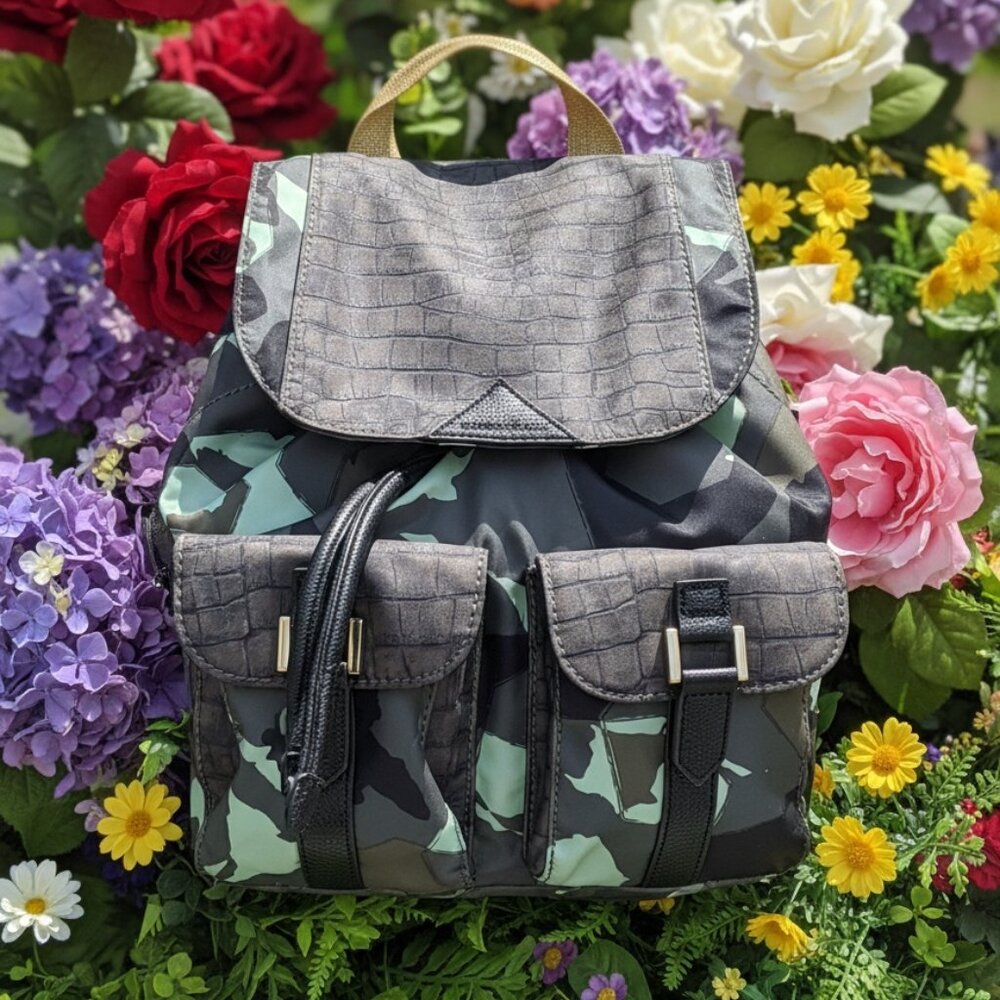 Sam Edelman Camo Backpack with Croc‑Embossed Flap & Gold Hardware